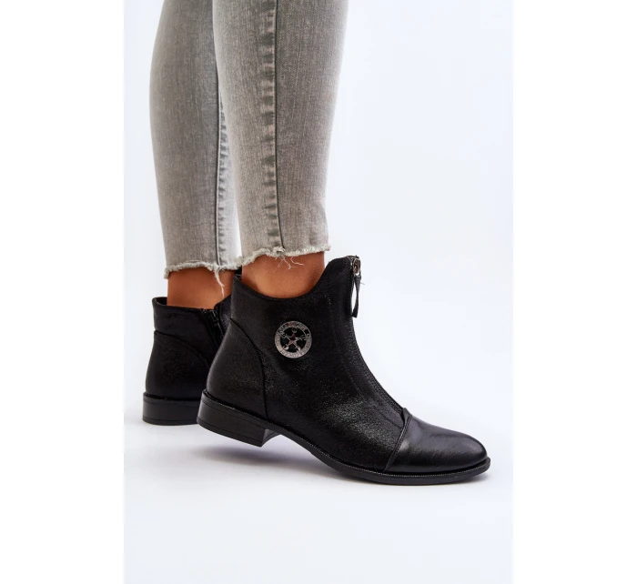 Damskie Botki Na Płaskim Obcasie Z Zamkiem Czarne Loratie Damskie Botki Na Płaskim Obcasie Z Zamkiem Czarne Loratie