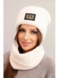 Dámska fleecová čiapka a šál s ozdobnou aplikáciou svetlo béžová