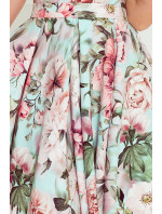 MAYA - Dámske šaty s dlhším zadným dielom, výstrihom, opaskom a vzorom ružových kvetov 478-1