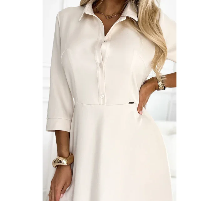 Béžové dámské rozšířené košilové šaty s páskem model 20215337 - numoco Béžové dámské rozšířené košilové šaty s páskem model 20215337 - numoco