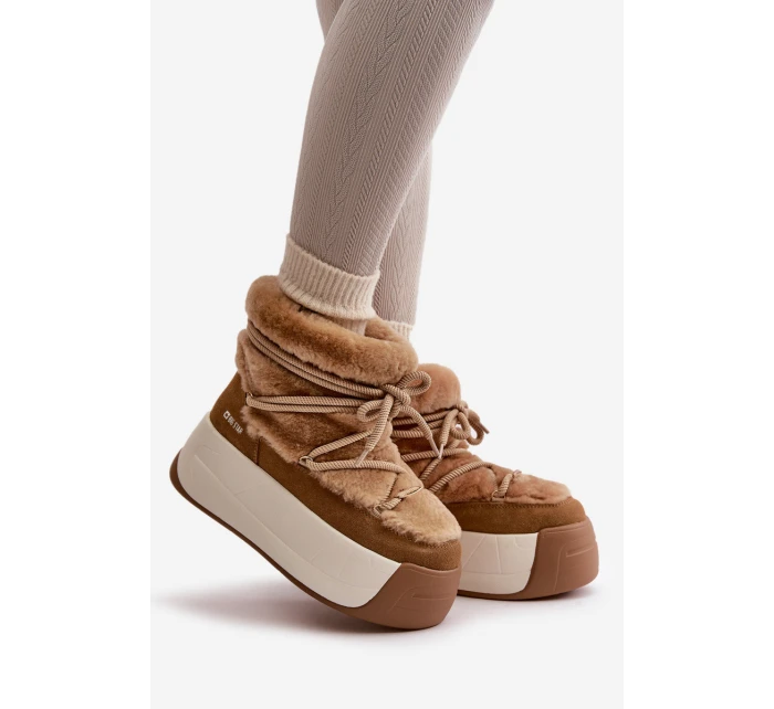 Skórzane Śniegowce Damskie Na Grubej Podeszwie Z Futerkiem Big Star OO274A207 Brązowe Skórzane Śniegowce Damskie Na Grubej Podeszwie Z Futerkiem Big Star OO274A207 Brązowe