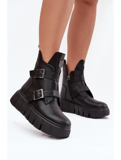 Skórzane Ocieplane Botki Damskie Na Platformie Z Klamrami Vinceza 66842 Czarne