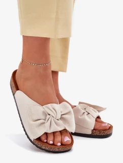 Dámske papuče na korkovej podrážke s mašľou - béžové