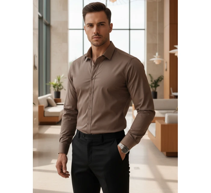 Pánska elegantná hladká hnedá košeľa REGULAR FIT FashionStreet DX2684