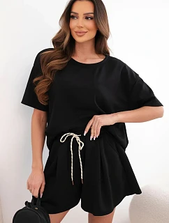Dámský viskózový komplet v máslové model 22077198 s krátkým rukávem a kraťasy s vysokým pasem černý - K-Fashion
