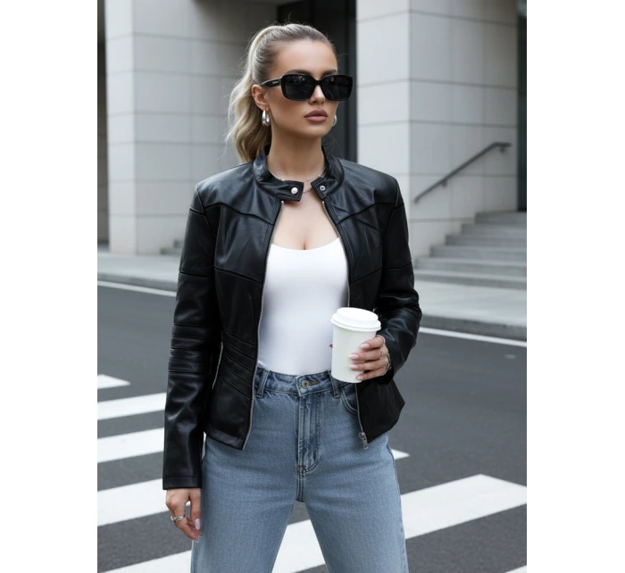 Dámska kožená bunda so stojatým golierom čierna FashionStreet TY5455 Dámska kožená bunda so stojatým golierom čierna FashionStreet TY5455