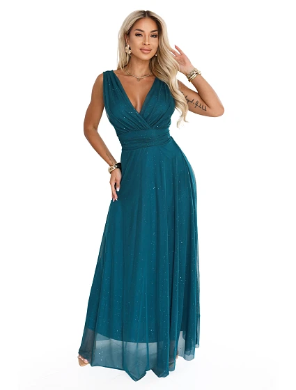 – večerní maxi šaty s brokátem a výstřihem do V – mořská zelená model 22280264 - numoco basic – večerní maxi šaty s brokátem a výstřihem do V – mořská zelená model 22280264 - numoco basic