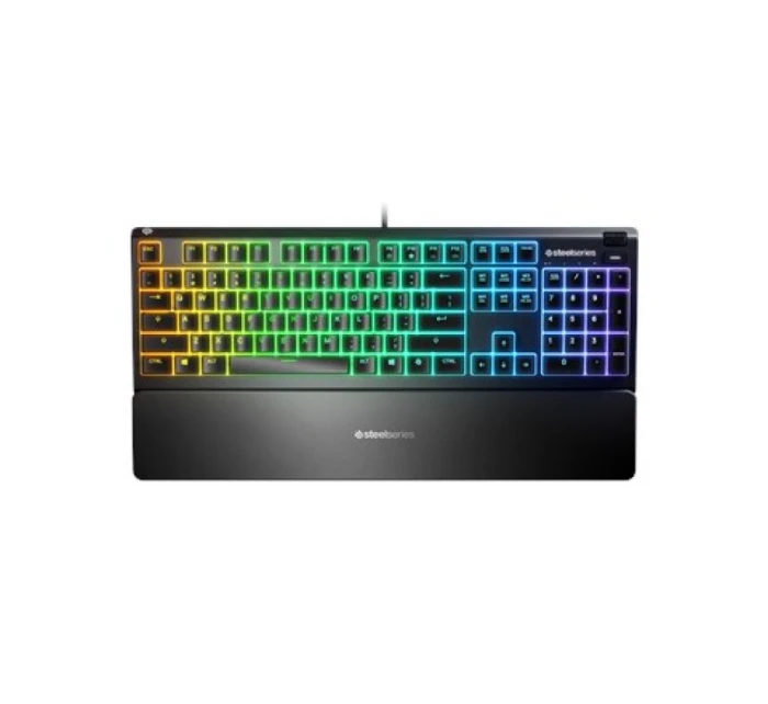 SteelSeries Apex 3 Gaming Keyboard, US Layout, Wired, Black SteelSeries Apex 3 Gaming Keyboard Vodotesná IP32 pre ochranu proti poliatiu, prispôsobiteľné 10-zónové RGB osvetlenie reaguje na hry a Discord, tiché herné spínače vydržia dlho