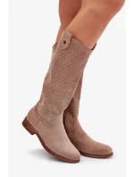 Dámske čižmy na nízkom podpätku s perforovaným vzorom S.Barski - béžové, ekokoža