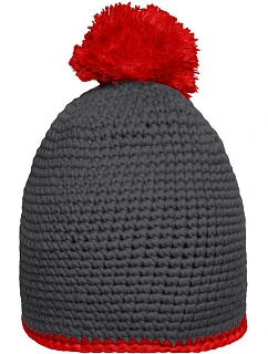 Daiber MB 7964 Háčkovaná čiapka s kontrastným lemom a bambulou 03.7964 carbon/red