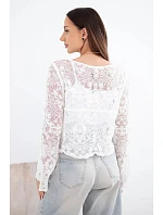 Dámsky bavlnený čipkovaný sveter s dlhými rukávmi biely