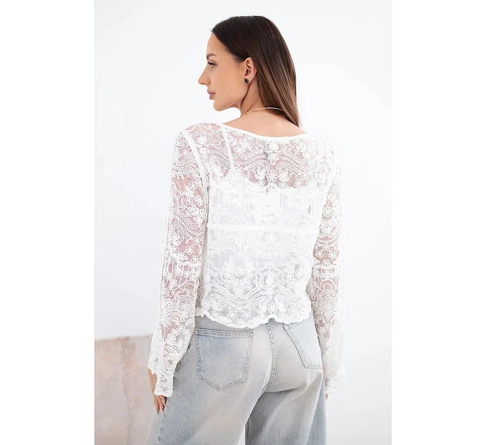 Dámsky bavlnený čipkovaný sveter s dlhými rukávmi biely