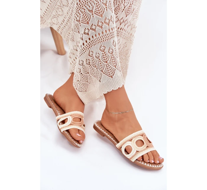 Szydełkowe Klapki Damskie Na Płaskim Obcasie Beżowe Nirina