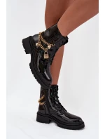 Lakované Botky Worker Se Zlatým Zateplené Černé model 21706803 - Boto