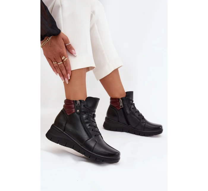 Skórzane Botki Damskie Na Koturnie Ocieplane Vinceza 39963 Czarne