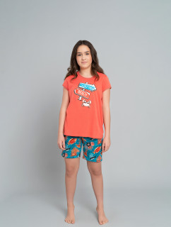 Oceania dievčenské pyžamo s krátkym rukávom a krátkymi nohavicami - koralová/potlač
