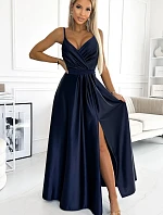 512-2 JULIET elegantné dlhé saténové šaty s výstrihom - ZELENÉ