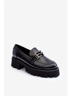 Damskie Skórzane Półbuty Loafersy Z Ozdobą Laura Messi 2699 Czarne