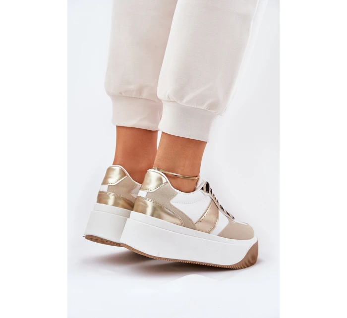 Sneakersy Damskie Na Masywnej Platformie Zwierzęcy Wzór Beżowo-Złote Telanila