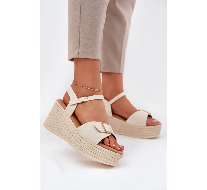 Sandały Damskie Na Koturnie Z Klamrą Beżowe Liniella Sandały Damskie Na Koturnie Z Klamrą Beżowe Liniella
