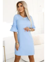 Trapézové šaty s vázáním na rukávech MODRÉ model 20947010 - numoco