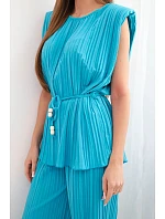Dámský viskózový model 22203812 komplet se zavazovací halenkou a širokými kalhotami tyrkysový - K-Fashion
