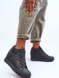 Trampki Skórzane Damskie Na Koturnie Big Star MM274005 Szare