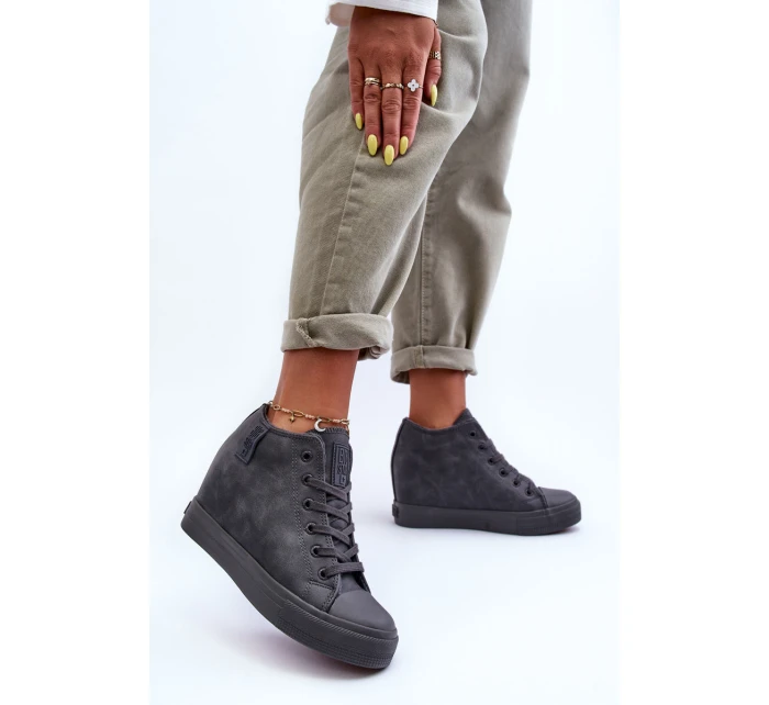 Trampki Skórzane Damskie Na Koturnie Big Star MM274005 Szare Trampki Skórzane Damskie Na Koturnie Big Star MM274005 Szare