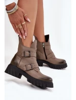 Skórzane Ocieplane Botki Damskie Z Klamrami I Ozdobnym Detalem Zazoo 60482 Ciemnobeżowe