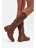 Kozaki Damskie Na Płaskim Obcasie Z Ażurowym Wzorem S.Barski HY52-531 Brązowe