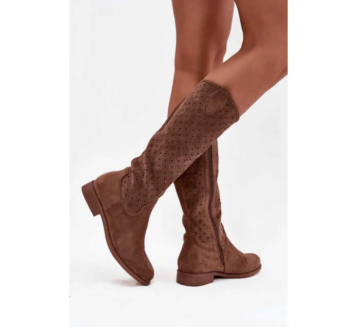 Kozaki Damskie Na Płaskim Obcasie Z Ażurowym Wzorem S.Barski HY52-531 Brązowe