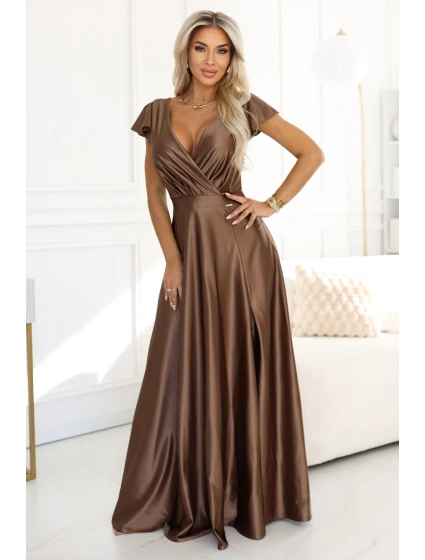 CRYSTAL saténové dlouhé šaty s výstřihem  pěna model 21470381 - numoco