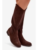 Dámské kozačky s krajkovým vzorem na nízkém podpatku model 22031871 Čokoládové - S.Barski