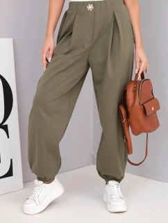 Dámske bavlnené nohavice s vysokým pásom a ozdobným khaki gombíkom