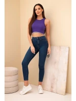 Dámsky krátky rebrovaný bavlnený top s ozdobnými strapcami fialový