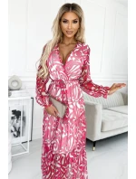 Dámské síťované šaty ve fuchsiové barvě s výstřihem a dlouhými rukávy model 18630781 - numoco basic Dámské síťované šaty ve fuchsiové barvě s výstřihem a dlouhými rukávy model 18630781 - numoco basic