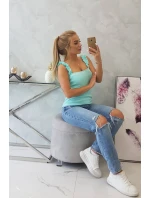 Blúzka bez ramienok s volánikmi v mätovej farbe