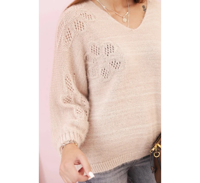 Dámsky mohérový sveter voľného strihu s výstrihom do V, béžový