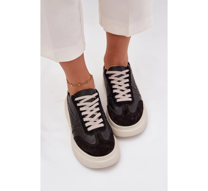 Skórzane Sneakersy Damskie Na Platformie Panterka Zazoo N1263 Czarne