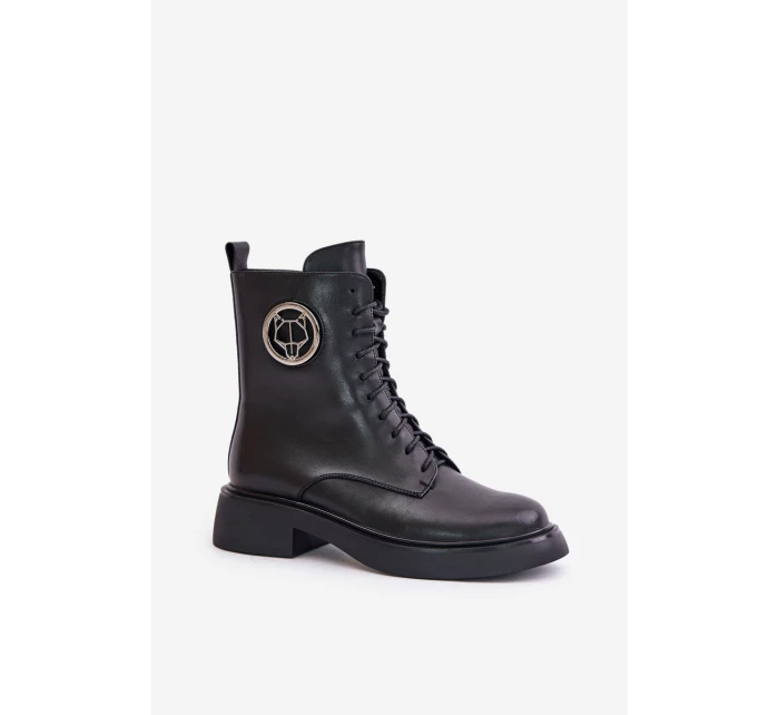 Skórzane Botki Workery Ocieplane Na Zamek Z Ozdobą Czarne Lorevine