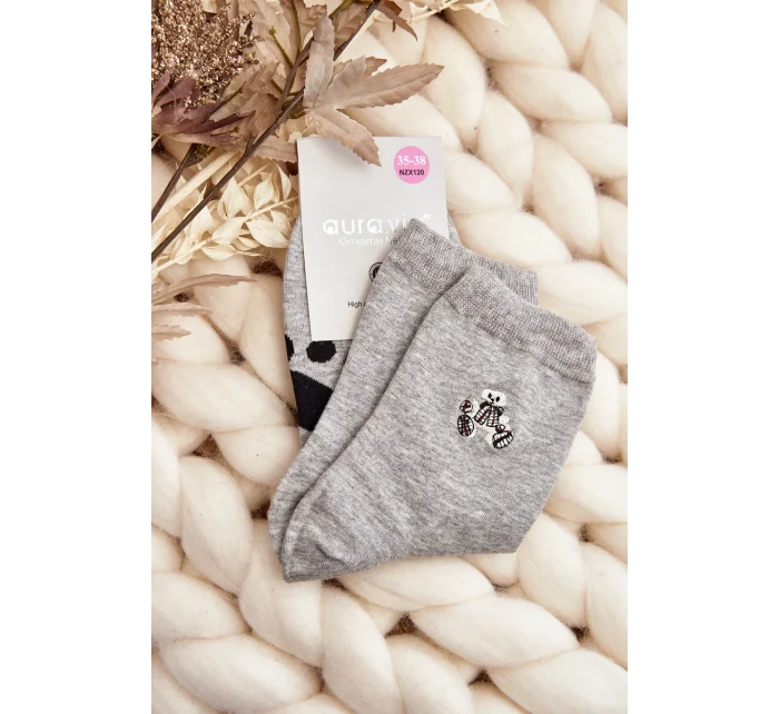 Dámské bavlněné ponožky s nášivkou medvídka, šedá