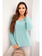 Dámský svetr z měkké pleteniny s výstřihem do V mátový