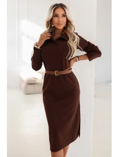 model 21884014 Elegantní midi šaty s límečkem a bočním rozparkem čokoládové - numoco basic