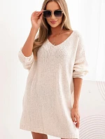 Dámske pletené vlnené šaty vo veľkosti plus size s výstrihom do V, svetlo béžové