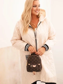 Dámska prešívaná bunda s kapucňou a športovými manžetami v béžovej farbe