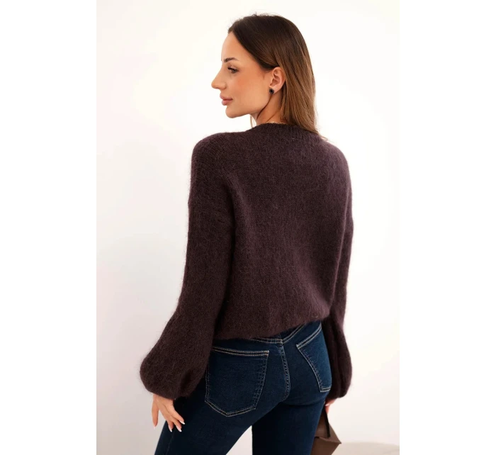 Dámský svetr s mohérem na knoflíky s model 21803185 rukávem hnědý - K-Fashion Dámský svetr s mohérem na knoflíky s model 21803185 rukávem hnědý - K-Fashion