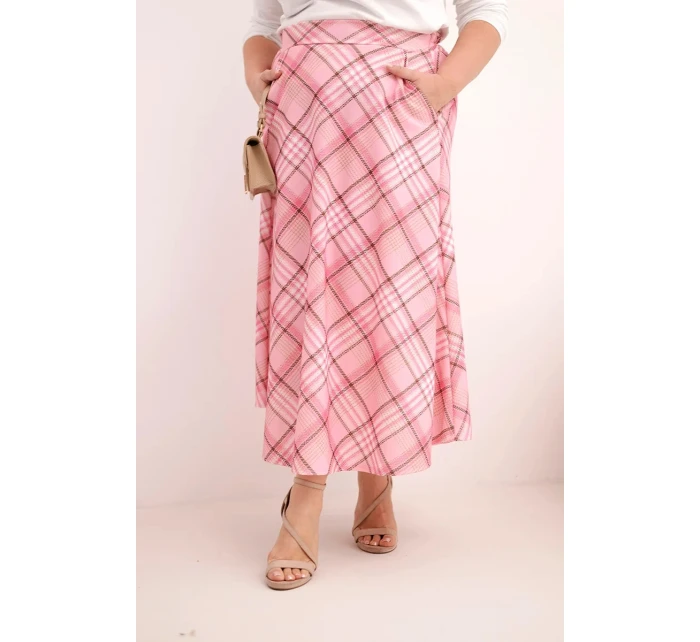 Dámská sukně Plus Size kostkovaná s širokým lemem světle růžová