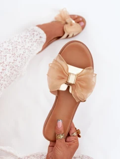 Dámske papuče na nízkom podpätku s tylovou mašľou - zlaté