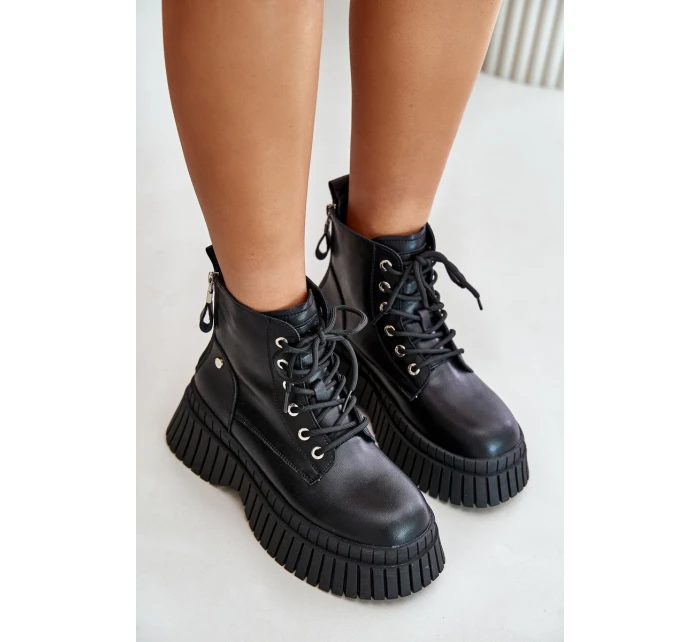 Zateplené kožené botky s masivní podrážkou model 21673861 černé - Goe