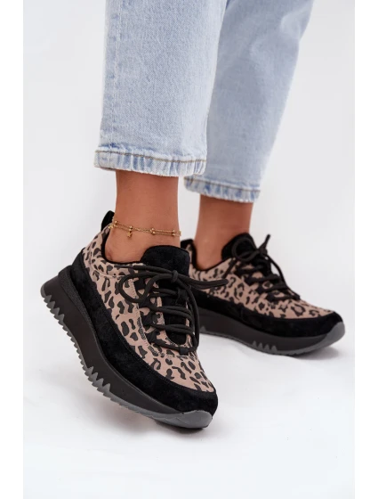 Semišové zateplené dámské tenisky na platformě model 21707621 Panterka Černé - VINCEZA